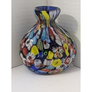 Vintage Murano Cobalt Millefiori Art Glass Vase Multicolor Hand Blown Italian
